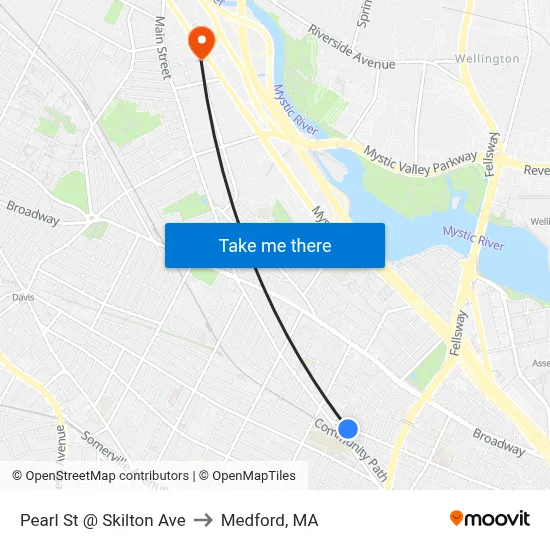Pearl St @ Skilton Ave to Medford, MA map