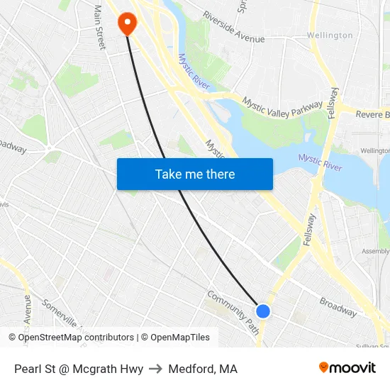 Pearl St @ Mcgrath Hwy to Medford, MA map