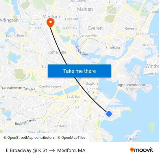 E Broadway @ K St to Medford, MA map