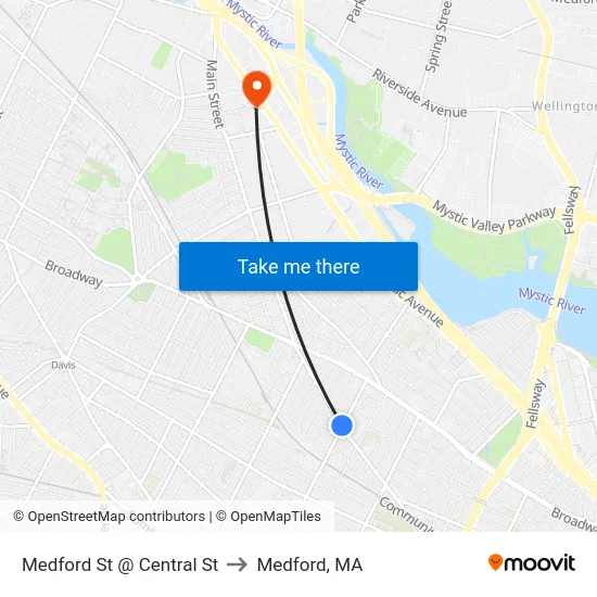 Medford St @ Central St to Medford, MA map