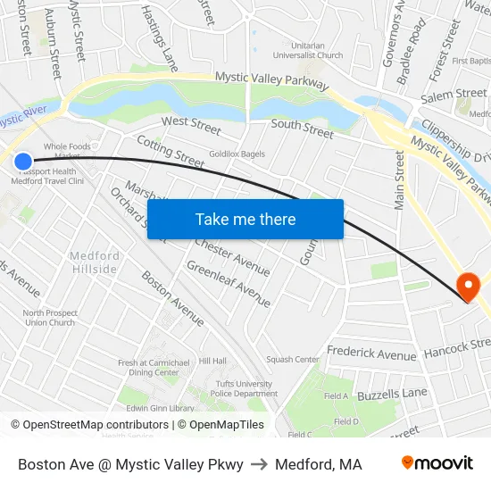 Boston Ave @ Mystic Valley Pkwy to Medford, MA map
