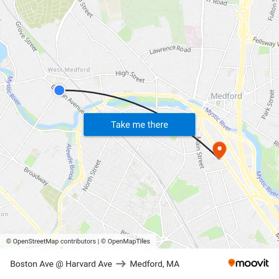 Boston Ave @ Harvard Ave to Medford, MA map
