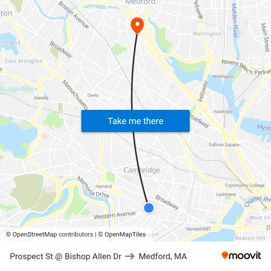 Prospect St @ Bishop Allen Dr to Medford, MA map