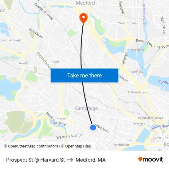 Prospect St @ Harvard St to Medford, MA map