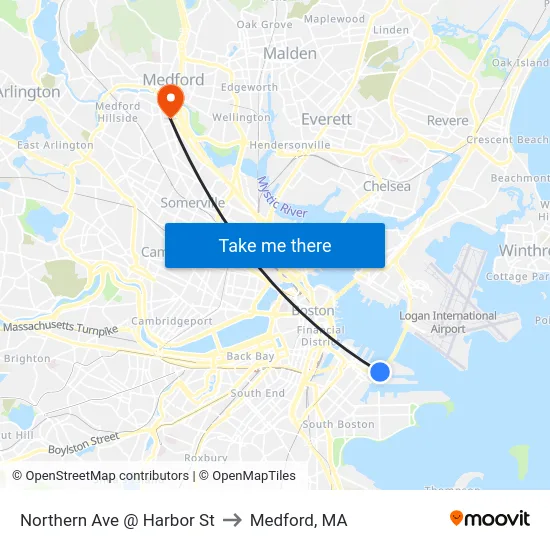 Northern Ave @ Harbor St to Medford, MA map