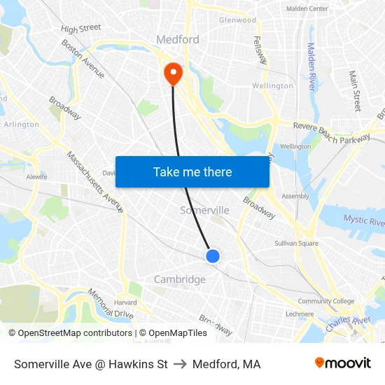 Somerville Ave @ Hawkins St to Medford, MA map