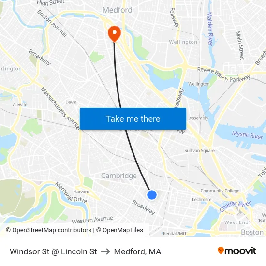 Windsor St @ Lincoln St to Medford, MA map
