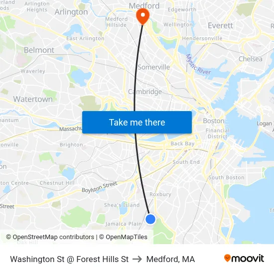 Washington St @ Forest Hills St to Medford, MA map