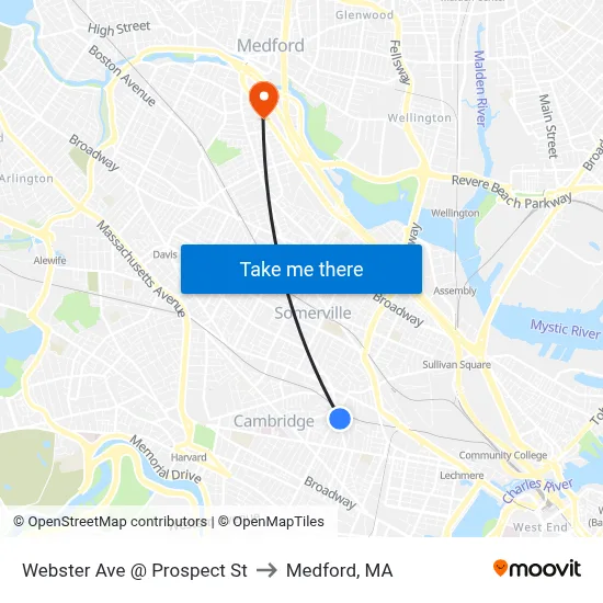 Webster Ave @ Prospect St to Medford, MA map