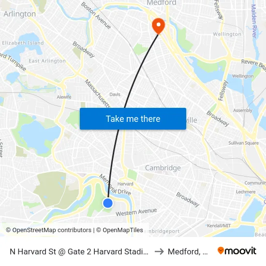 N Harvard St @ Gate 2 Harvard Stadium to Medford, MA map