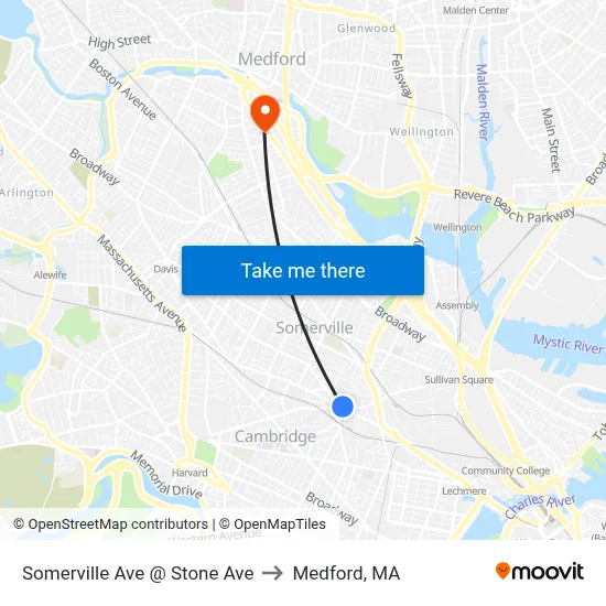 Somerville Ave @ Stone Ave to Medford, MA map
