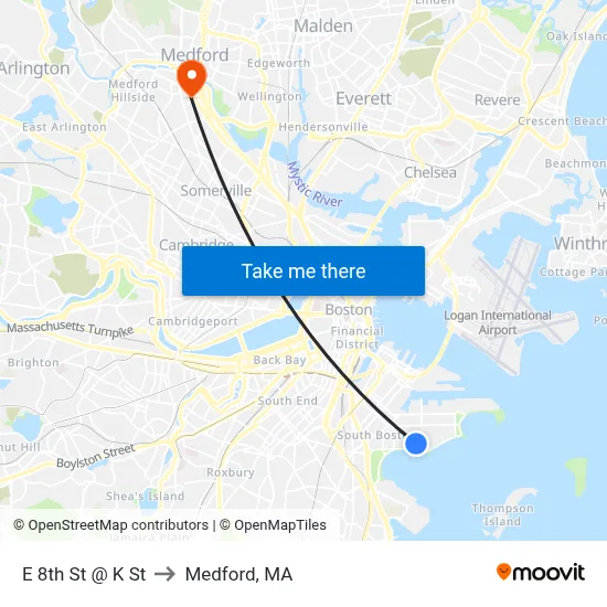 E 8th St @ K St to Medford, MA map