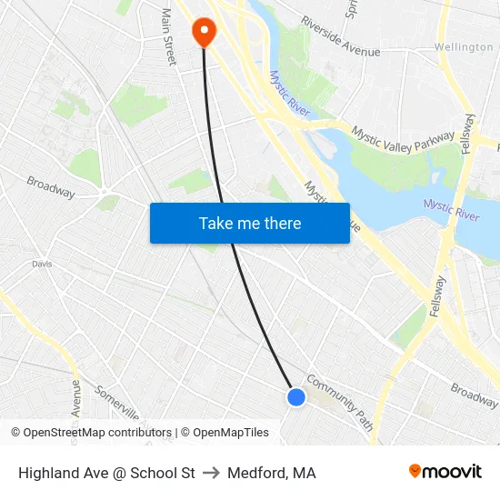 Highland Ave @ School St to Medford, MA map