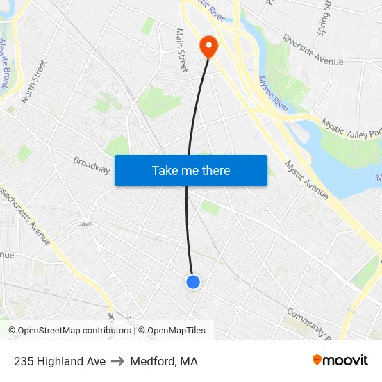 235 Highland Ave to Medford, MA map