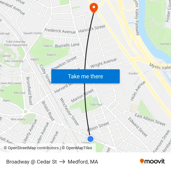 Broadway @ Cedar St to Medford, MA map
