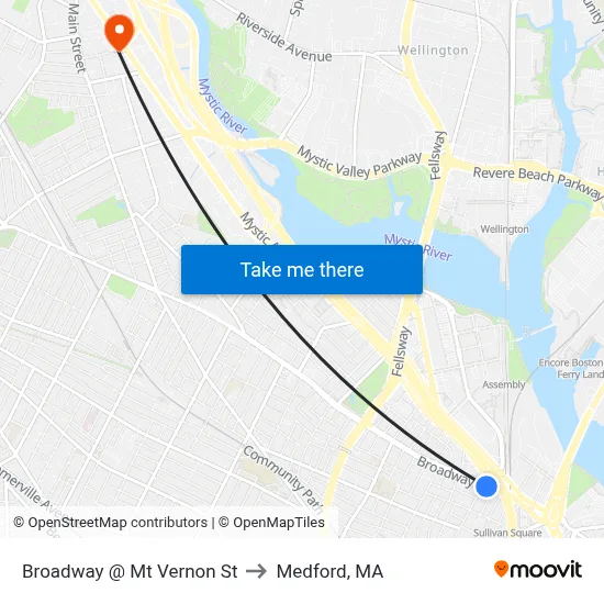 Broadway @ Mt Vernon St to Medford, MA map