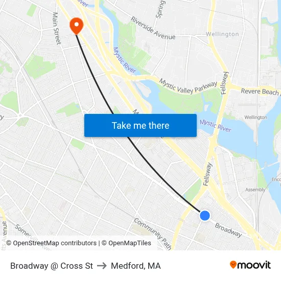 Broadway @ Cross St to Medford, MA map