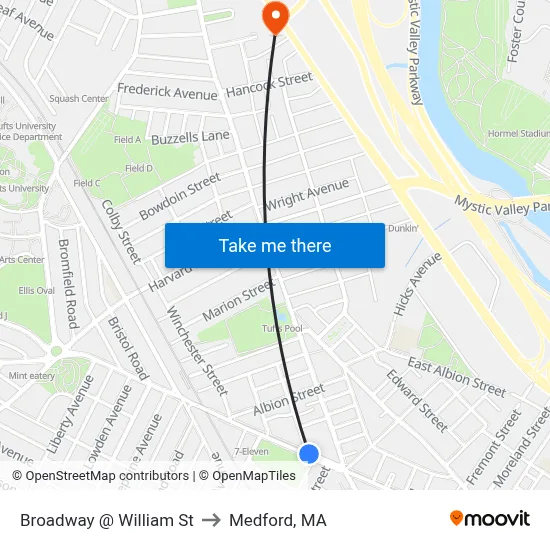Broadway @ William St to Medford, MA map