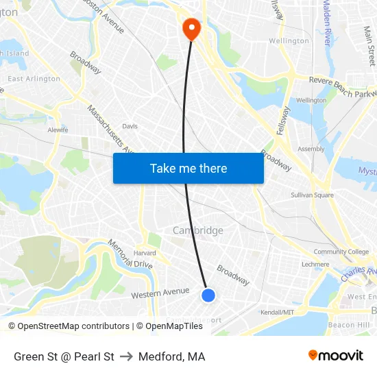 Green St @ Pearl St to Medford, MA map