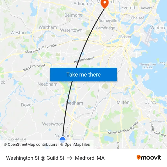 Washington St @ Guild St to Medford, MA map