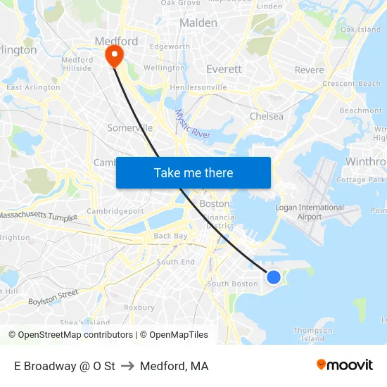 E Broadway @ O St to Medford, MA map