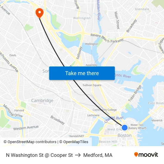 N Washington St @ Cooper St to Medford, MA map