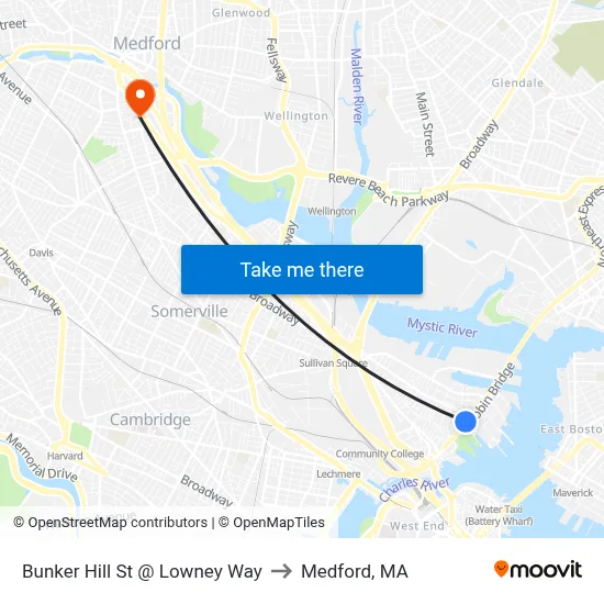 Bunker Hill St @ Lowney Way to Medford, MA map