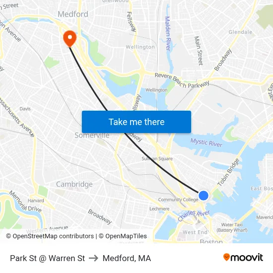 Park St @ Warren St to Medford, MA map