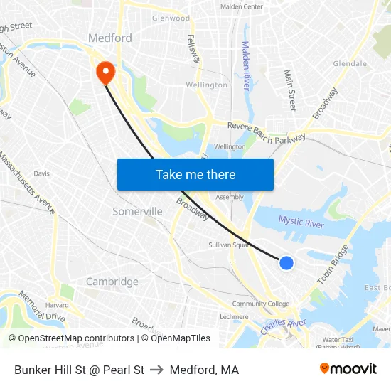 Bunker Hill St @ Pearl St to Medford, MA map