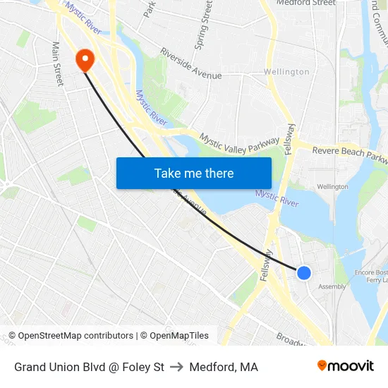 Grand Union Blvd @ Foley St to Medford, MA map