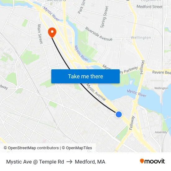Mystic Ave @ Temple Rd to Medford, MA map