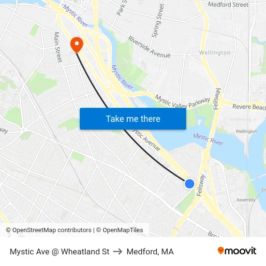 Mystic Ave @ Wheatland St to Medford, MA map