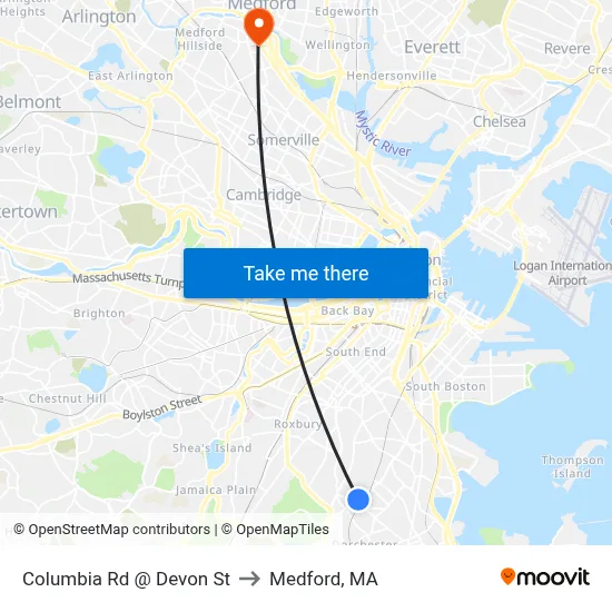 Columbia Rd @ Devon St to Medford, MA map