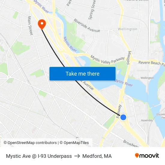 Mystic Ave @ I-93 Underpass to Medford, MA map