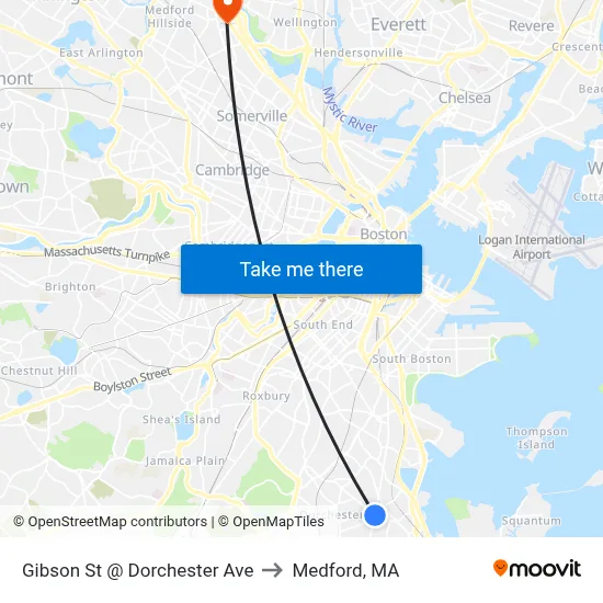 Gibson St @ Dorchester Ave to Medford, MA map