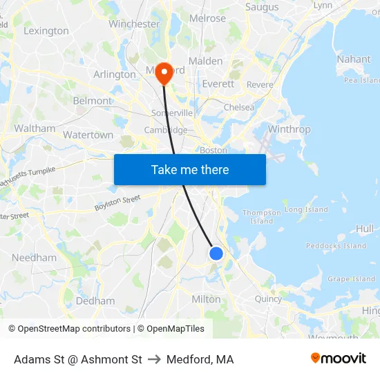 Adams St @ Ashmont St to Medford, MA map