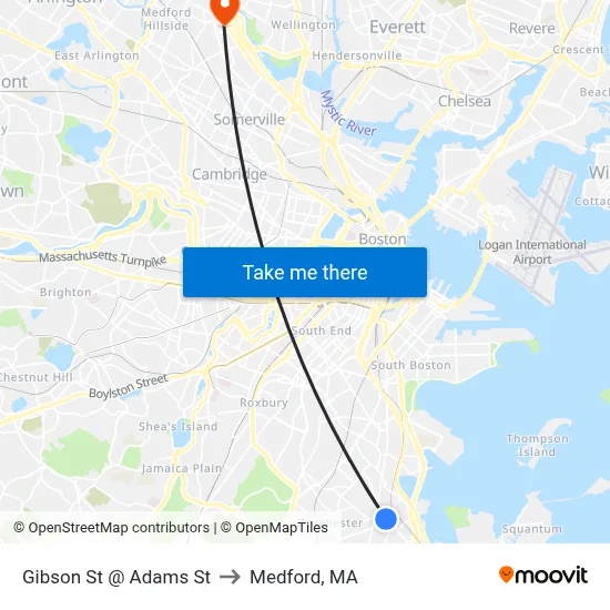 Gibson St @ Adams St to Medford, MA map