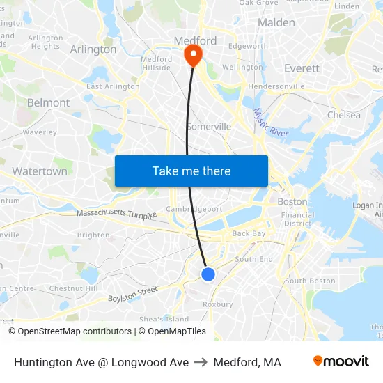 Huntington Ave @ Longwood Ave to Medford, MA map
