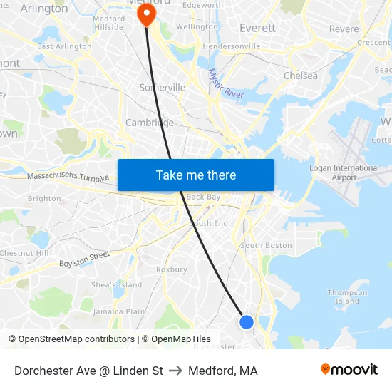 Dorchester Ave @ Linden St to Medford, MA map