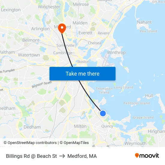 Billings Rd @ Beach St to Medford, MA map