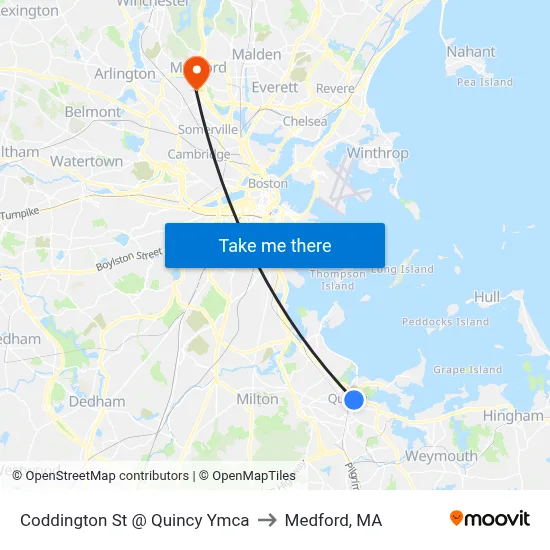 Coddington St @ Quincy Ymca to Medford, MA map
