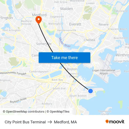 City Point Bus Terminal to Medford, MA map
