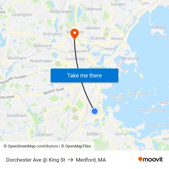 Dorchester Ave @ King St to Medford, MA map