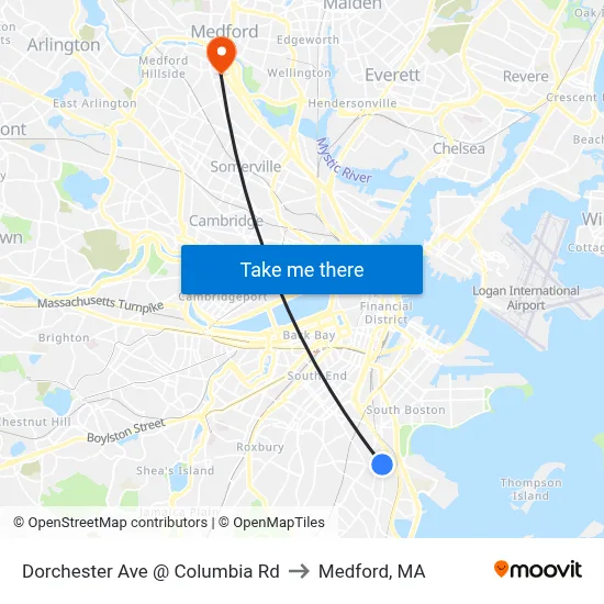 Dorchester Ave @ Columbia Rd to Medford, MA map