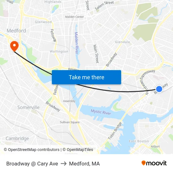 Broadway @ Cary Ave to Medford, MA map