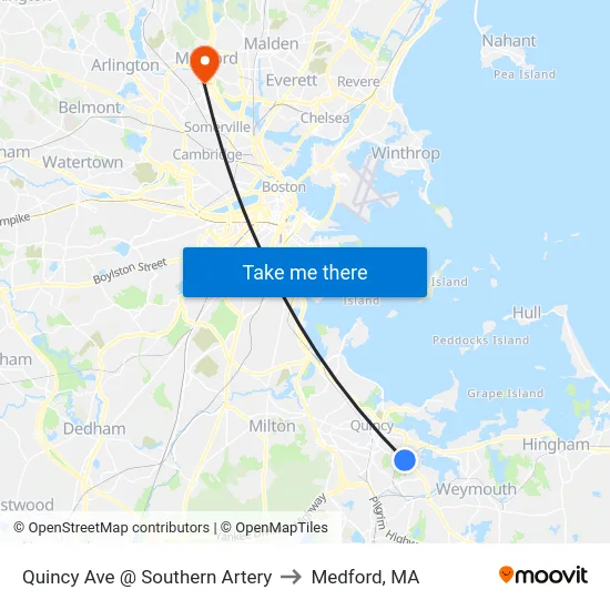 Quincy Ave @ Southern Artery to Medford, MA map