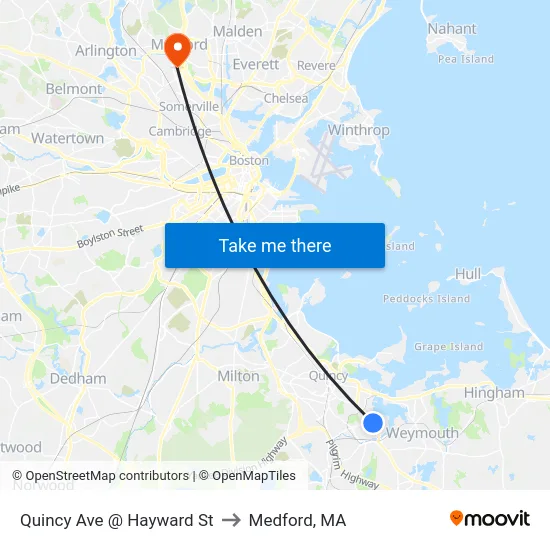 Quincy Ave @ Hayward St to Medford, MA map