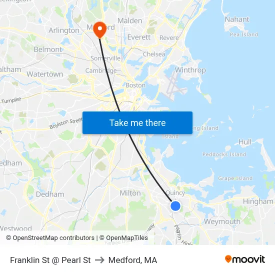 Franklin St @ Pearl St to Medford, MA map