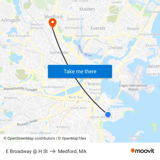 E Broadway @ H St to Medford, MA map