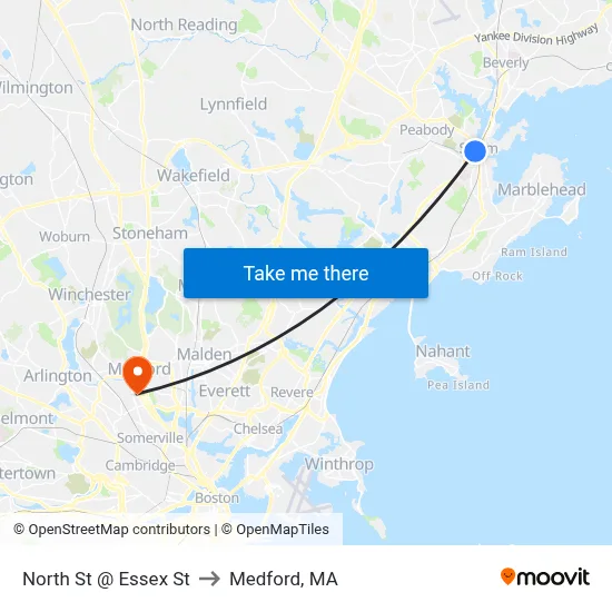 North St @ Essex St to Medford, MA map